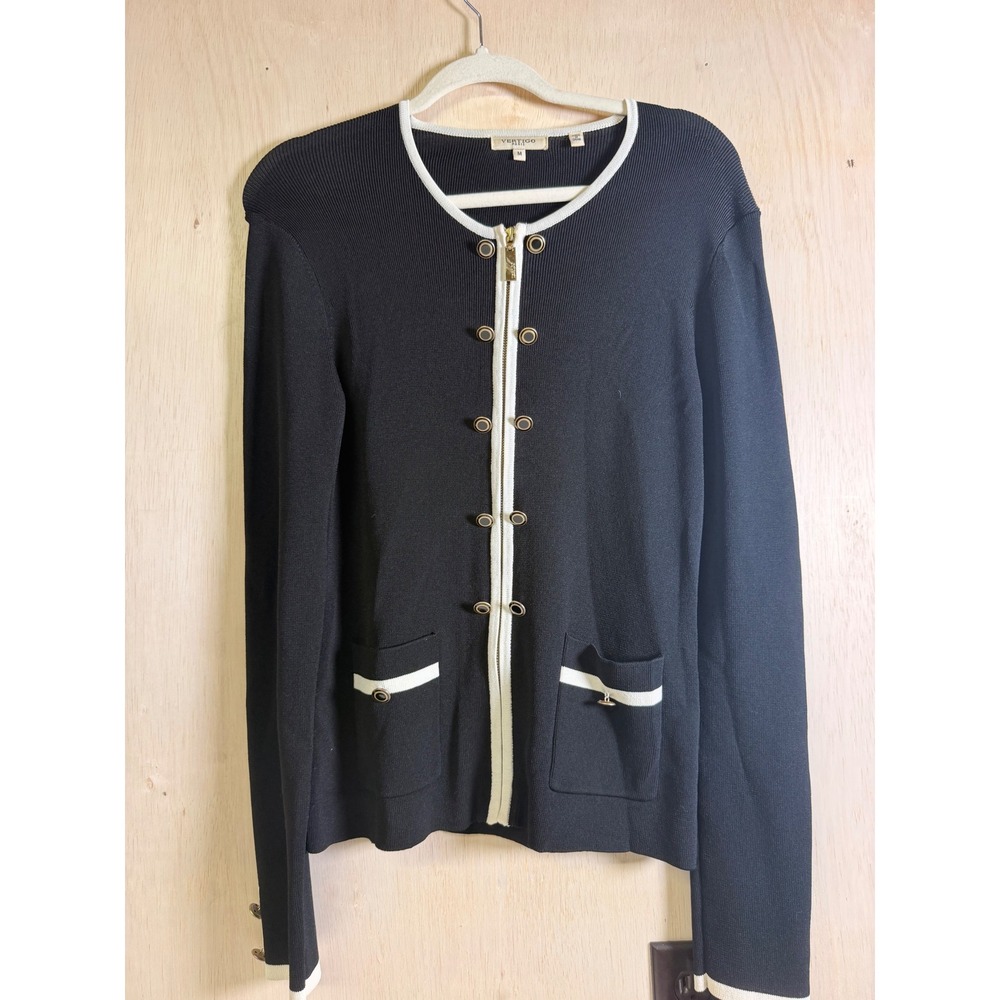 Vertigo Paris Zip Front Cardigan Womens Medium Black White Excellent Ribbed Knit